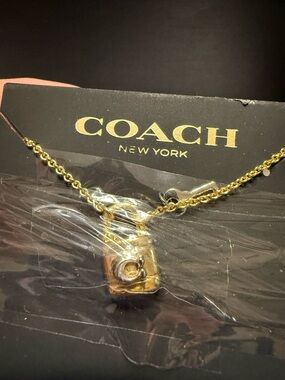 NEW Coach Signature Padlock and Key Necklace Gold Chain and Silver Key